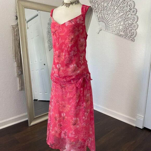 Dressbarn Early 2000's Frilly Cinched Pink Floral Asymmetric Midi Maxi Dress XL - Picture 4 of 6